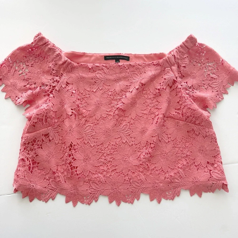White House Black Market Coral Floral Lace Off Shoulder Top‎ 14P Romantic - Picture 2 of 7